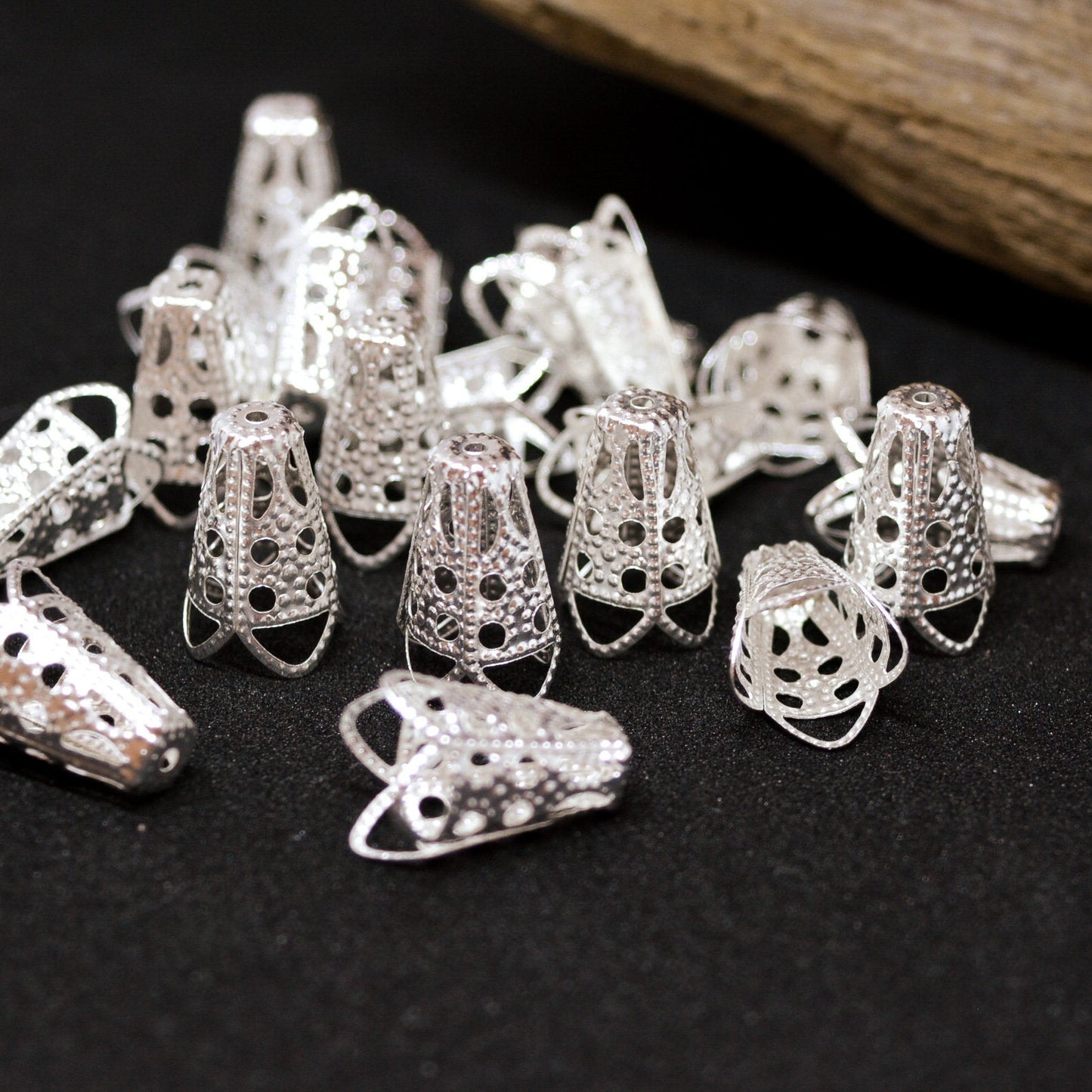 16x10mm Bead Cones in Silver Colored Filigree