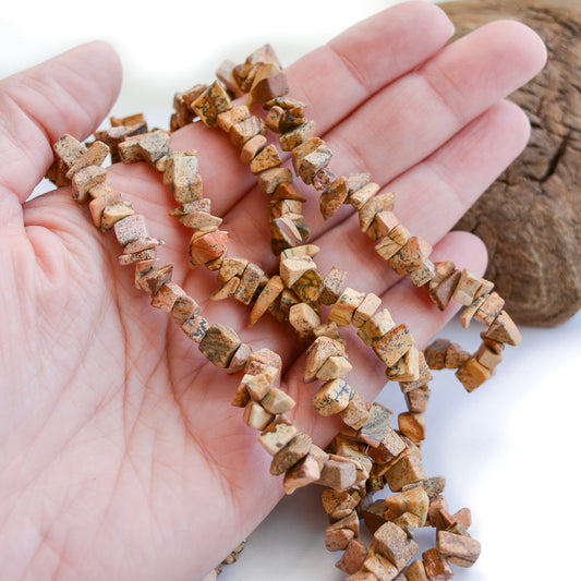 Picture Jasper Chip Beads Natural Sandy Brown and Tan Colored Gemstone Beads, Bulk Lot 34 Inches Long, Pretty DIY Beads for Jewelry Making
