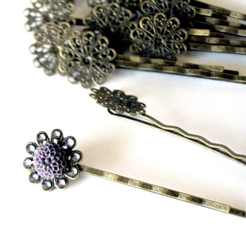 Filigree Bobby Pins in Antiqued Bronze, With Flat 17mm Pad to Attach Decoration, 62mm Long Pins