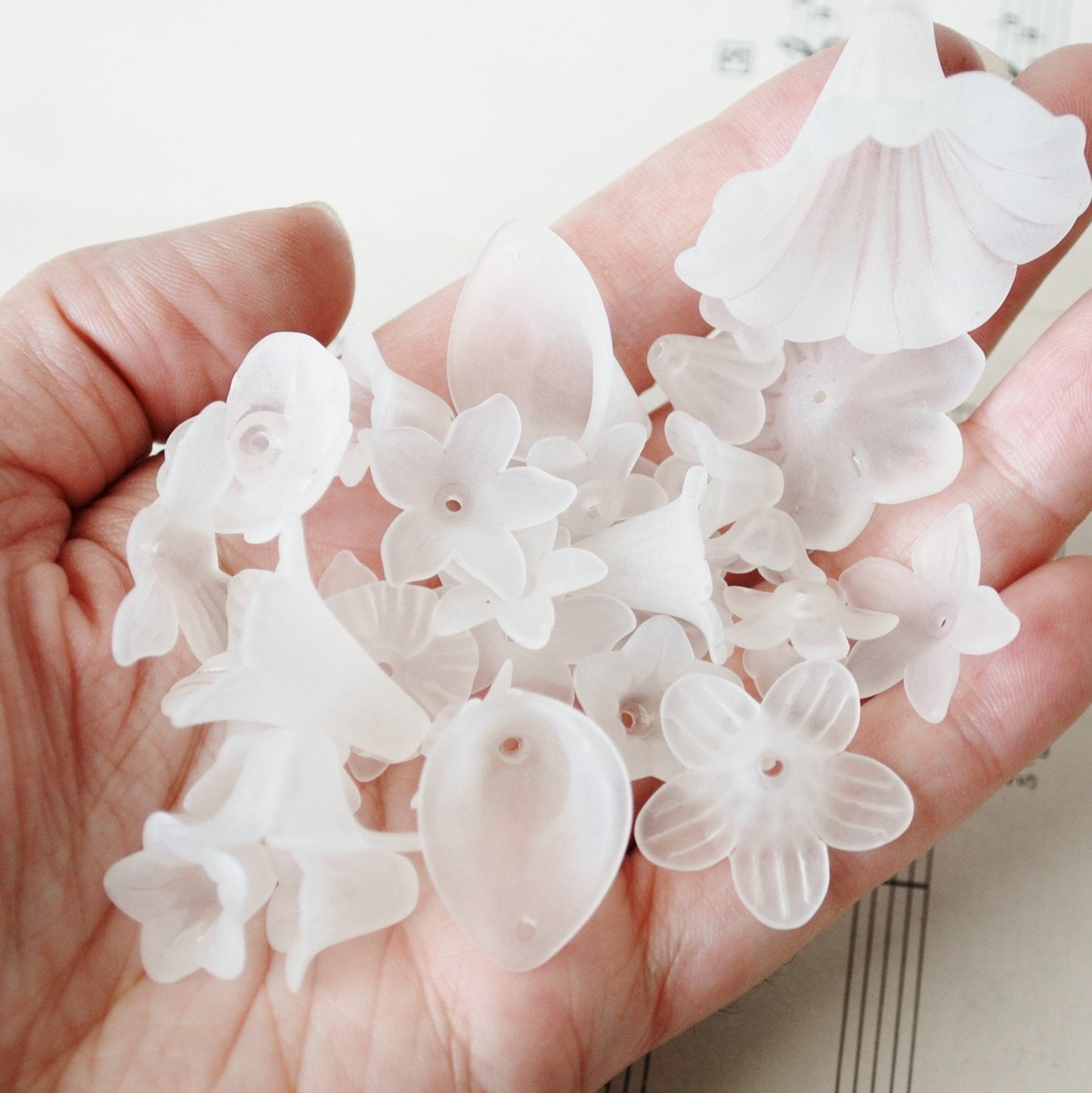 Assorted Frosted Flower Beads Semi-Translucent White in Random Sizes and Shapes