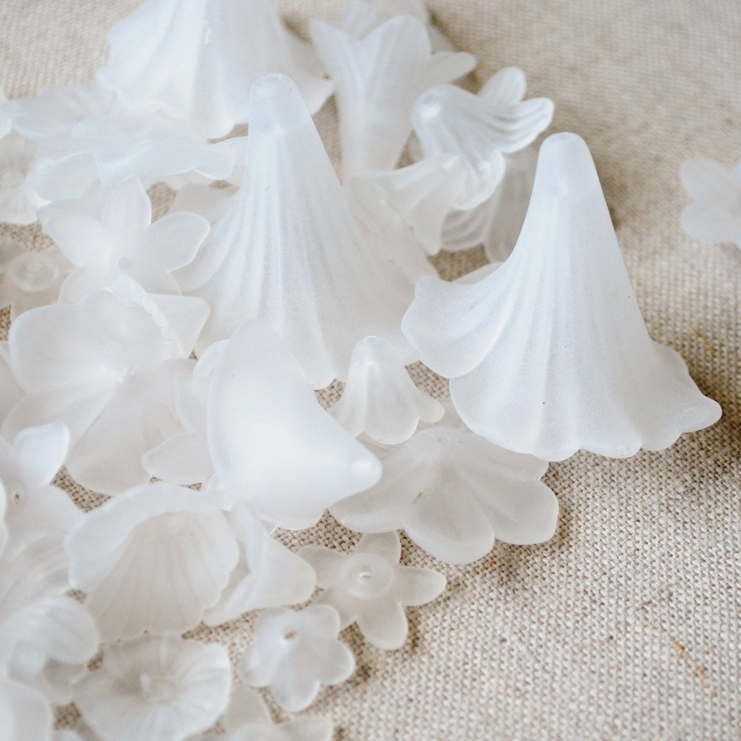 Assorted Frosted Flower Beads Semi-Translucent White in Random Sizes and Shapes