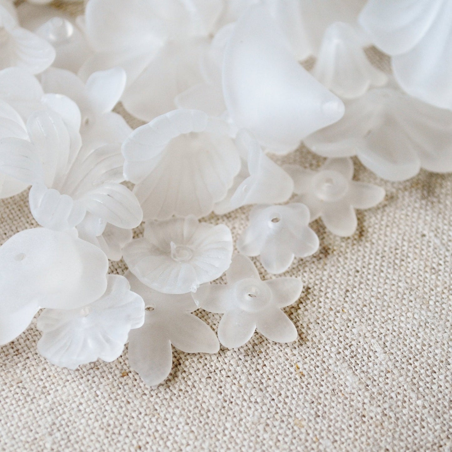Assorted Frosted Flower Beads Semi-Translucent White in Random Sizes and Shapes